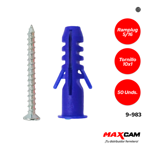 [9-983] RAMPLUG AZUL 5/16 + TORNILLO 10X1 x 50PCS MAXI TOOLS 9-983