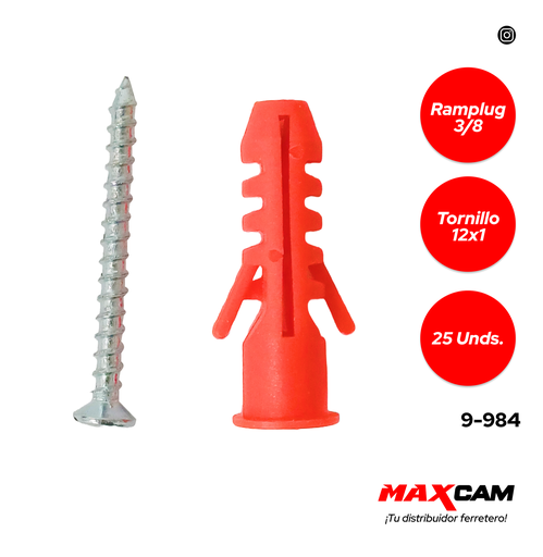 [9-984] RAMPLUG ROJO 3/8 + TORNILLO 12X1 x 25PCS MAXI TOOLS 9-984