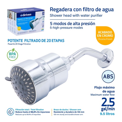 [9-729] REGADERA CON FILTRO DE AGUA GRIVEN 9-729
