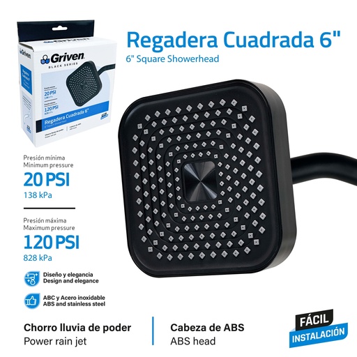 [9-762] REGADERA CUADRADA 6" GRIVEN BLACK 9-762