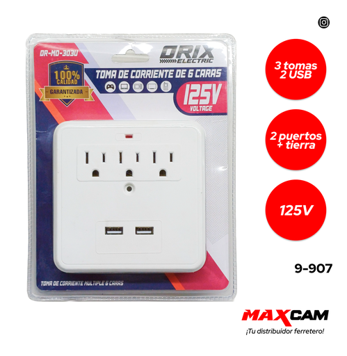 [9-907] REGLETA 3 TOMAS + 2 PUERTO USB ORIX 9-907