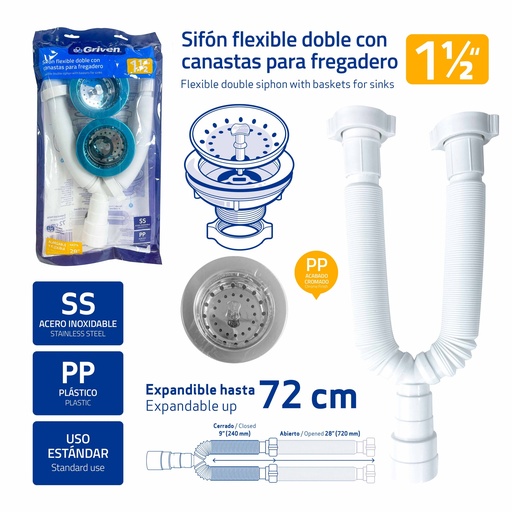 [9-816] SIFON DOBLE FLEXIBLE C/DESAGUE GRIVEN 9-816