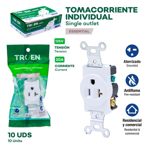 [10-087] TOMA SENCILLO 2P+ T x 20A 125V  BLANCO TROEN 10-087
