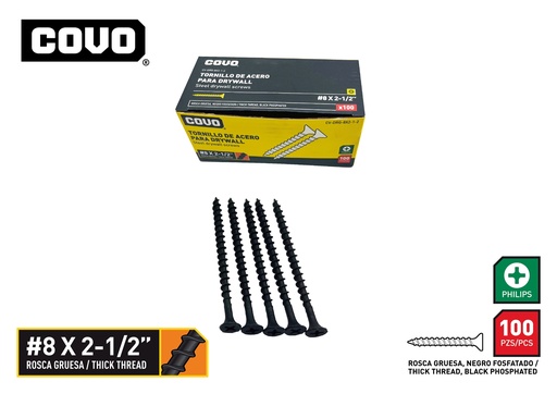 [9-759] TORNILLOS DRYWALL R. GRUESA 8 x 2 1/2" x 100 UNID COVO 9-759
