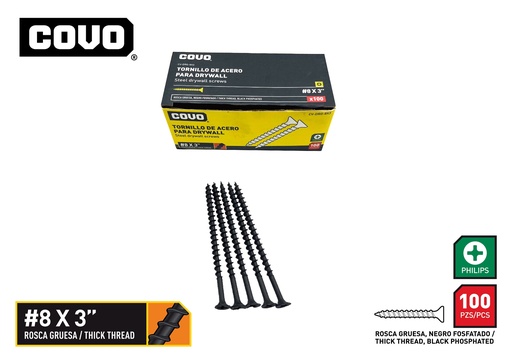 [9-760] TORNILLOS DRYWALL R. GRUESA 8 x 3" x 100 UNID COVO 9-760