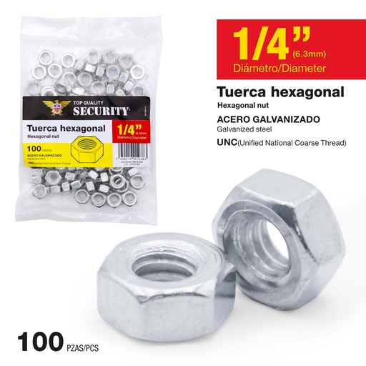 [9-769] TUERCA GALV HEX 1/4" x 100 UNID SECURITY 9-769