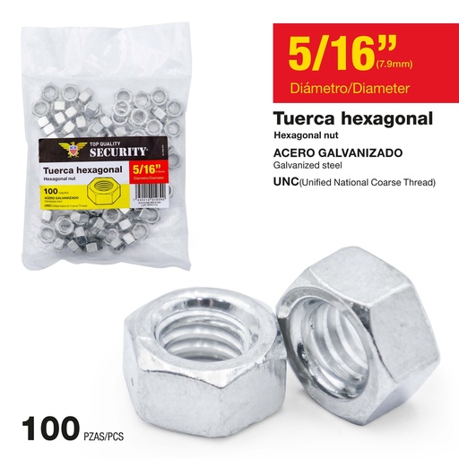 [9-771] TUERCA GALV HEX 5/16" x 100 UNID SECURITY 9-771