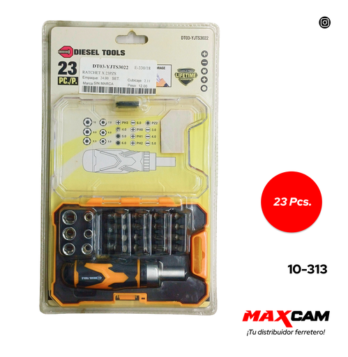 [10-313] JUEGO DADOS C/RACHET 23 PCS DIESEL TOOLS 10-313